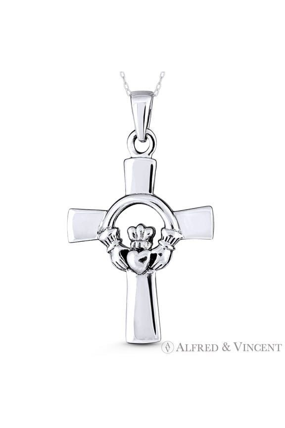Irish Claddagh Celtic Charm & Cross w/ Chain Necklace in .925 Sterling Silver