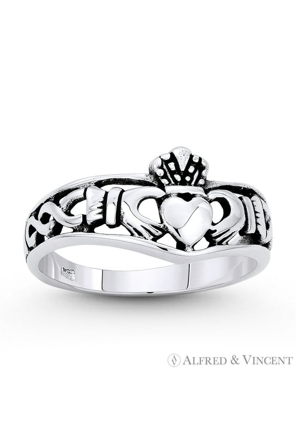 Irish Claddagh & Celtic Knot Curved Band in Oxidized .925 Sterling Silver