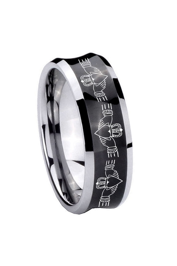 Irish Claddagh Concave Black Tungsten Men Ring 10MM