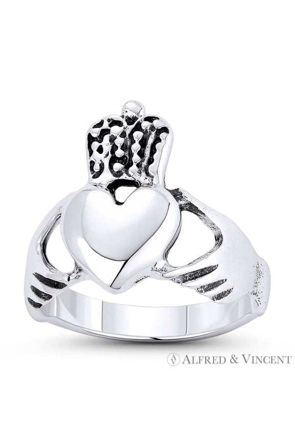 Irish Claddagh Hands & Heart Charm 3-16mm Love & Friendship Promise Ring in Oxidized .925 Sterling Silver