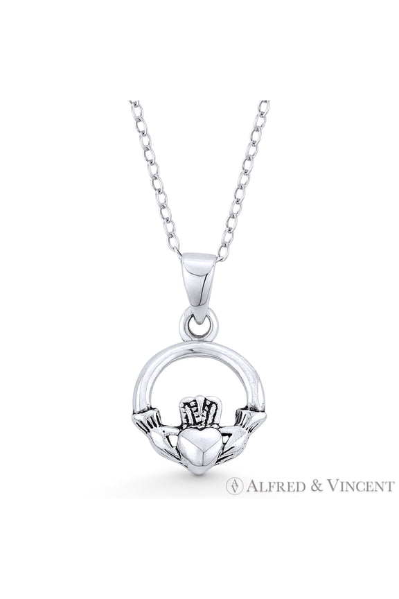 Irish Claddagh & Heart Celtic Luck Charm w/ Chain Necklace in Oxidized .925 Sterling Silver