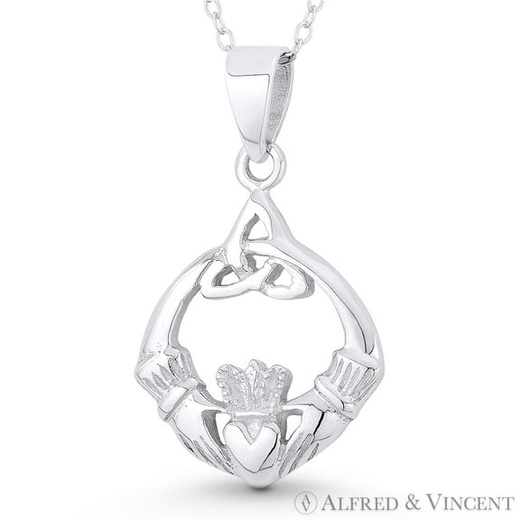 Irish Claddagh, Heart, & Celtic Triquetra Knot Charm Pendant in .925 Sterling Silver