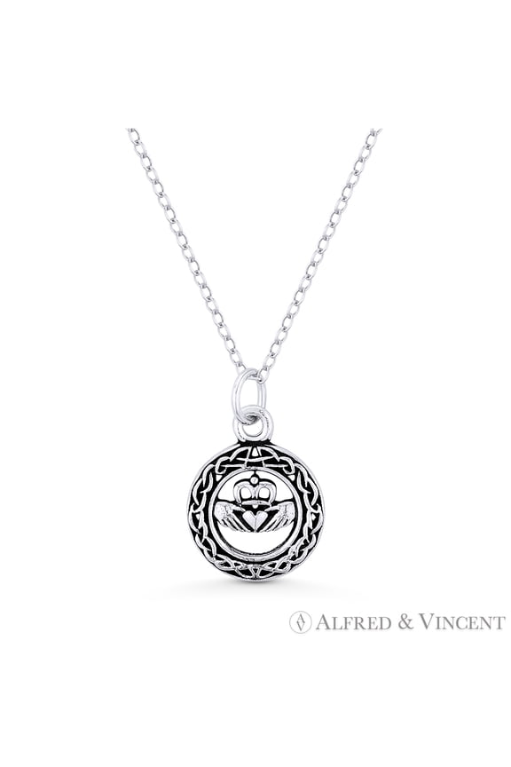 Irish Claddagh Heart & Circle Celtic Knot Charm in Oxidized .925 Sterling Silver