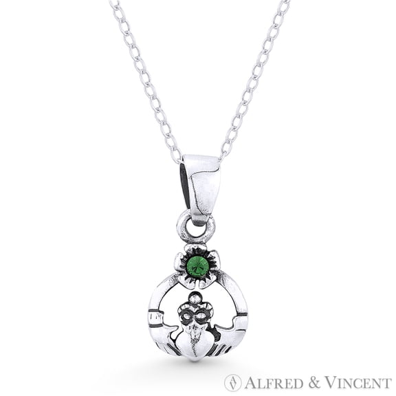 Irish Claddagh, Heart, & Flower w/ CZ Crystal Irish Pendant in Oxidized .925 Sterling Silver