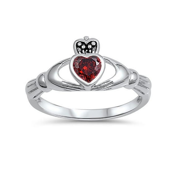 Irish Claddagh Heart Promise Ring Garnet CZ 925 Sterling Silver Size 7