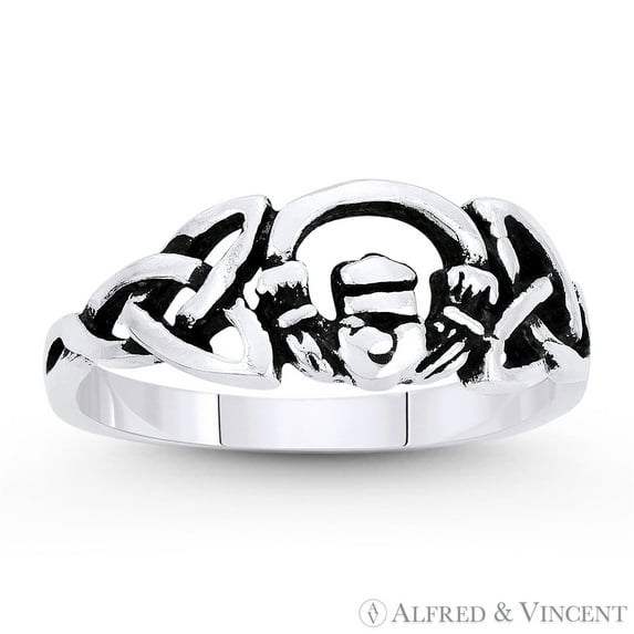 Irish Claddagh Heart & Triquetra Celtic Knot Charm Ring in Oxidized .925 Sterling Silver