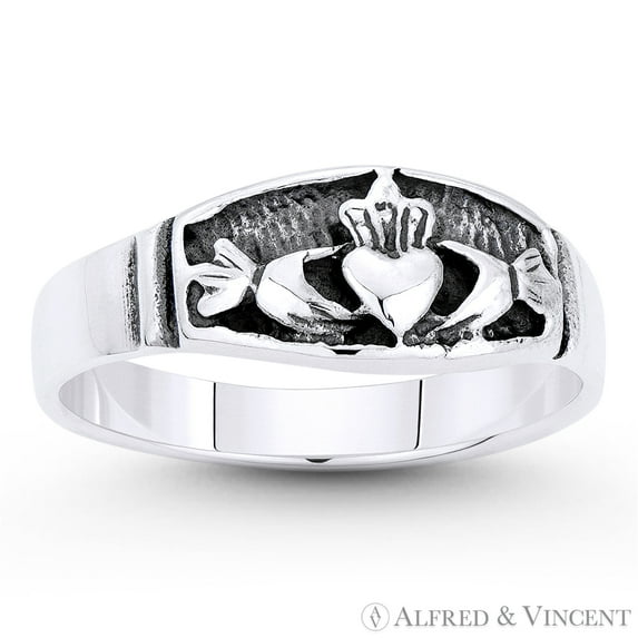Irish Claddagh Love & Friendship Promise Ring in Oxidized .925 Sterling Silver