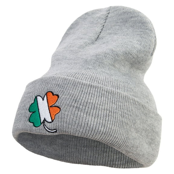 Irish Clover Embroidered 12 Inch Long Knitted Beanie - Heather Grey OSFM