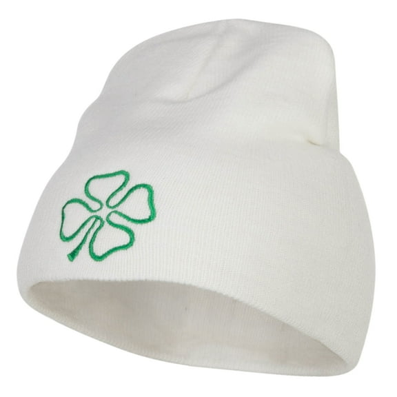 Irish Clover Embroidered Short Beanie - White OSFM