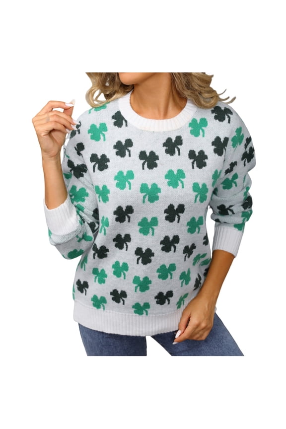 Irish Clover Knitted Sweater for Women Long Sleeve Crewneck Pullover Tops White M