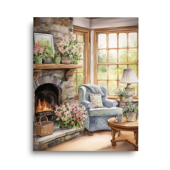 Irish Cottage Print, Cozy Tea Time Fireplace Art, Ireland Kitchen Decor, Vintage Rural Poster, Countryside Window Wall Artwork Home Decor #3574, Unframed Poster Size 8x12
