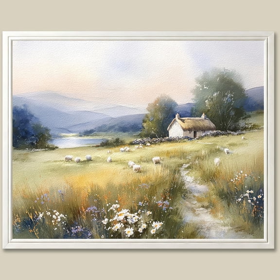 Irish Cottage Print Sheep Meadow Landscape Wall Art Gallery Room Bedroom Office Country