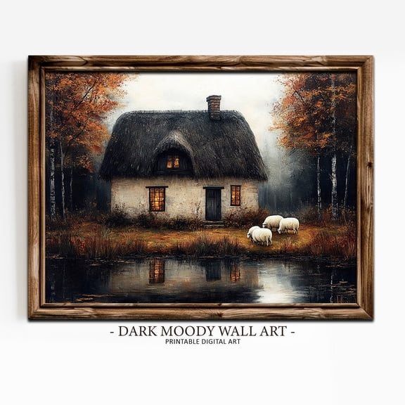 Irish Cottage Wall Art Print, Moody Landscape, Rustic Thatched Farmhouse Cottagecore, Living Room And Gallery Wall Decor