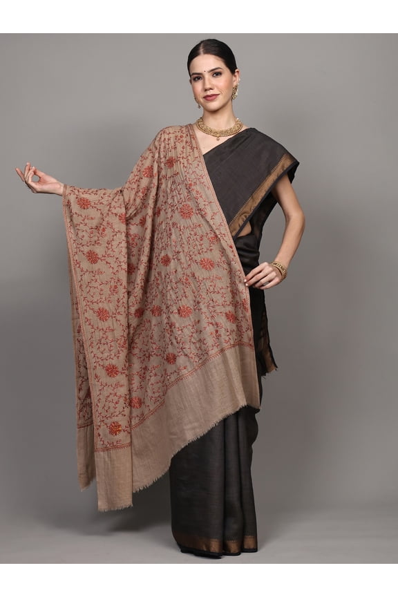 Irish-Cream Pure Wool Shawl with Sozni Hand-Embroidered Floral Jali pattern from Amritsar
