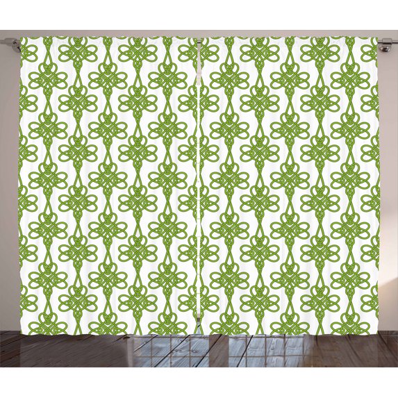 Ambesonne Irish Curtains 2 Panel Set, Entangled Clover Leaves, 108" x 84", Cream Green