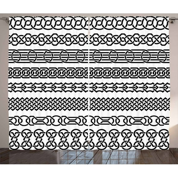 Ambesonne Irish Curtains 2 Panel Set, Vintage Celt Ornaments, 108" x 96", Black White