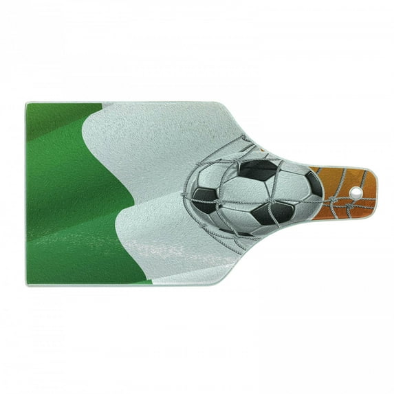 Irish Cutting Board, Sports Theme Soccer Ball in a Net Game Goal with Ireland National Flag Victory Win, Tempered Glass Cutting and Serving Board, Wine Bottle Shape, Multicolor, by Ambesonne