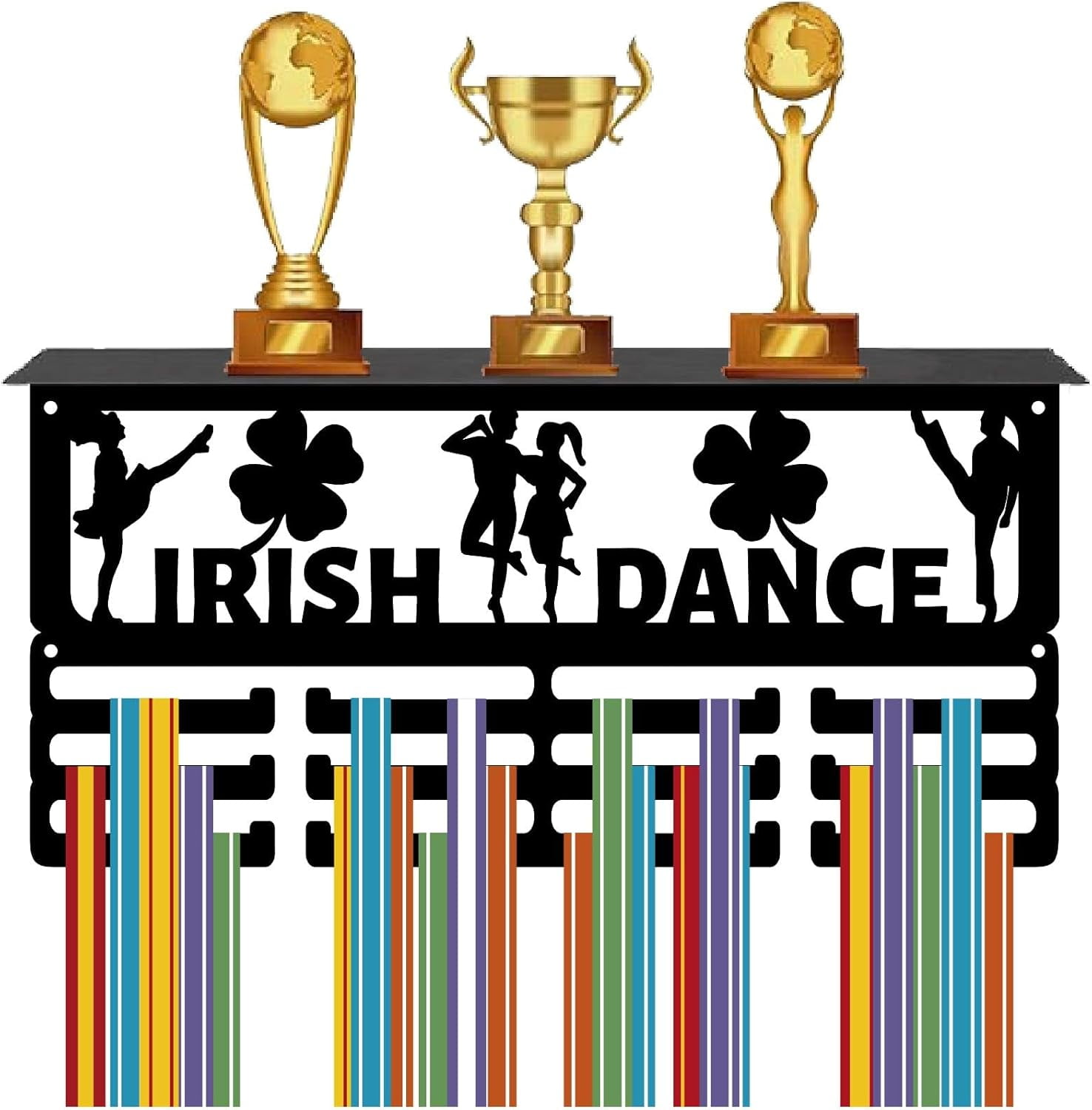 Irish Dance Medal Hanger Sports Troy Shelf Display with 12 Hooks Clover Pattern Awards Metal Medal Holder for Wall Mount Hanging 60+ Medals Rack with Shelf for Award Athletes 15.7x8x4Inch