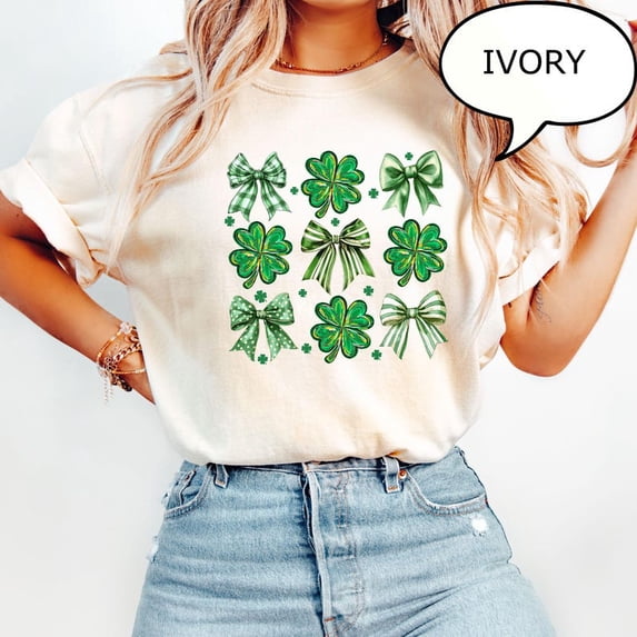 Irish Day Coquette Bow Shamrock Graphic T-Shirt, Lucky Clover Holiday Design Comfort Colors Unisex Cotton T-Shirt, Size S-3XL
