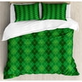 thumbnail image 1 of Irish Duvet Cover Set, Antique Tartan Inspired Symmetrical Checkered Diamond Line Plaid Fashion, Decorative 3 Piece Bedding Set with 2 Pillow Shams, Queen Size, Green Dark Green Yellow, by Ambesonne, 1 of 3
