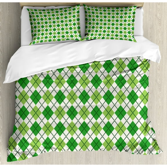 Irish Duvet Cover Set, Classical Argyle Diamond Line Pattern with Crosswise Lines Old Fashioned, Decorative 3 Piece Bedding Set with 2 Pillow Shams, Queen Size, Green Pale Green White, by Ambesonne