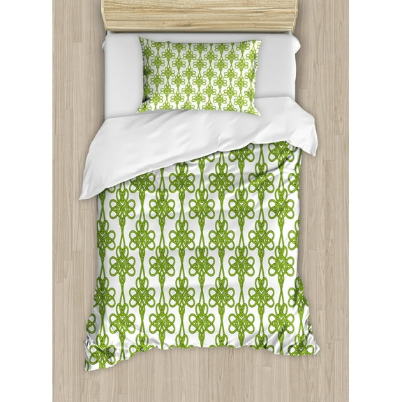 Irish Duvet Cover Set, Entangled Clover Leaves Twigs Celtic Pattern Botanical Filigree Inspired Retro Tile, Decorative 2 Piece Bedding Set with 1 Pillow Shams, Twin Size, Cream Green, by Ambesonne
