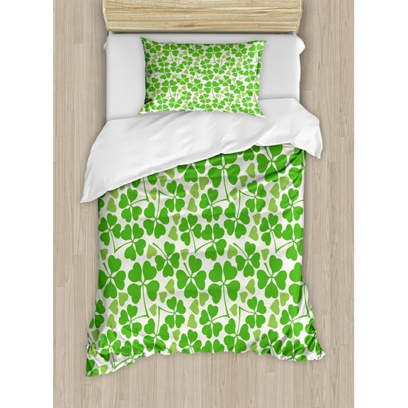 Irish Duvet Cover Set, Gaelic Nature Garden Theme Spring Clovers with Hearts Freshness, Decorative 2 Piece Bedding Set with 1 Pillow Shams, Twin Size, Lime Green Pistachio, by Ambesonne