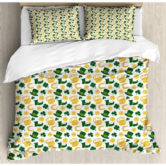 Irish Duvet Cover Set, Happy St. Patrick's Day Concept Pattern with Traditional Holiday , Decorative 3 Piece Bedding Set with 2 Pillow Shams, Queen Size, Green Yellow White, by Ambesonne