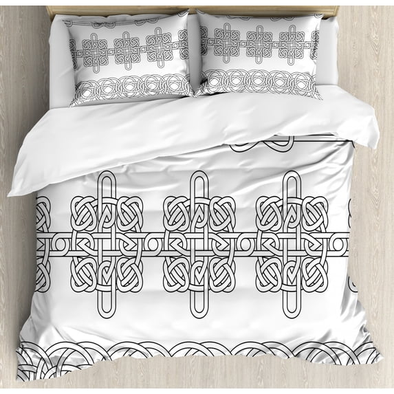 Irish Duvet Cover Set King Size, Indigenous Motifs in Stencil Art Style Celtic Culture Outline Tribal Victorian, Decorative 3 Piece Bedding Set with 2 Pillow Shams, Black and White, by Ambesonne