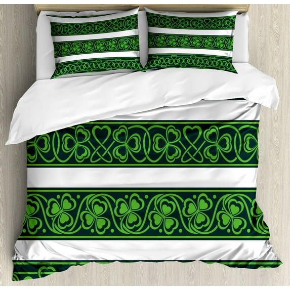 Irish Duvet Cover Set King Size, Shamrock Borders Gaelic Nature Botany Theme Artistic Trefoils with Swirls, Decorative 3 Piece Bedding Set with 2 Pillow Shams, Forest Green White, by Ambesonne