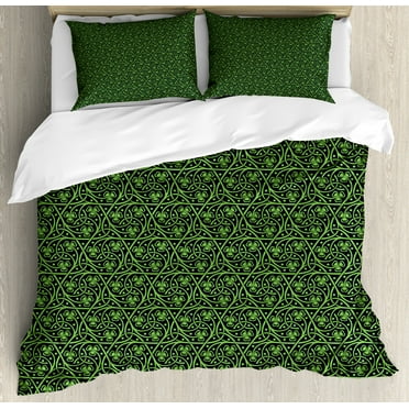 Irish Duvet Cover Set, National Foliage Pattern Intricate Twigs and Dots Trefoil Botanical Abstraction, Decorative 3 Piece Bedding Set with 2 Pillow Shams, King Size, Black Lime Green, by Ambesonne