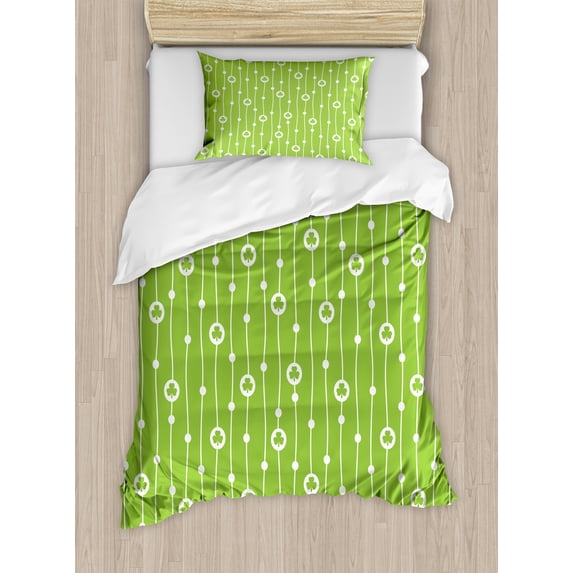 Irish Duvet Cover Set, Trifolium on Vertical Wavy Stripes with Dots Luck Fortune, Decorative 2 Piece Bedding Set with 1 Pillow Shams, Twin Size, Lime Green White, by Ambesonne