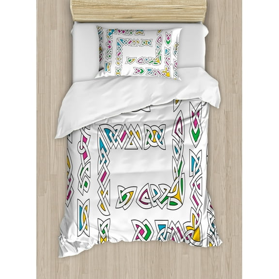 Irish Duvet Cover Set Twin Size, Celtic Ornament Patterns Set Colorful Vibrant Entangled Gaelic Ethnic Ancient Borders, Decorative 2 Piece Bedding Set with 1 Pillow Sham, Multicolor, by Ambesonne