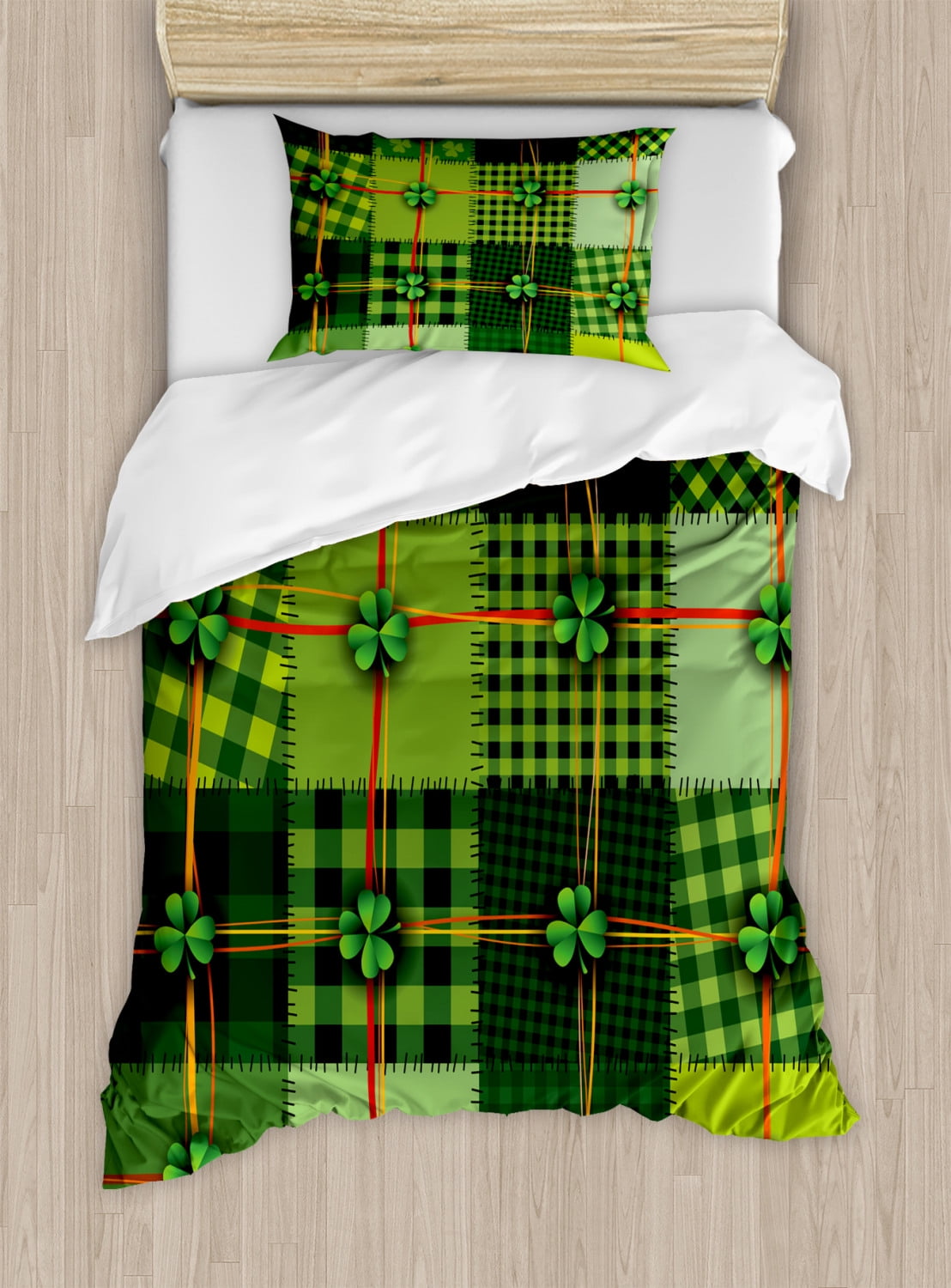 Twin Green Patchwork Style Duvet Cover Set with Clovers