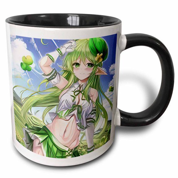 3drose, Irish Elf Girl Commands Four Leaf Clover to Bring Good Luck to You, 11oz Two-tone Black Mug