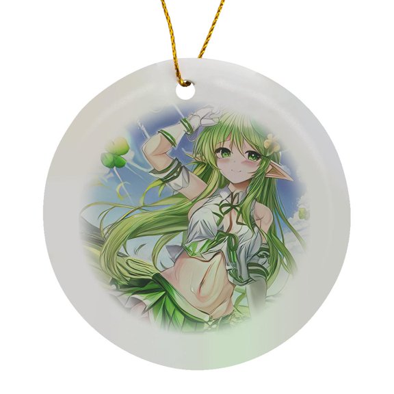 3drose, Irish Elf Girl Commands Four Leaf Clover to Bring Good Luck to You, Circle Porcelain Ornament