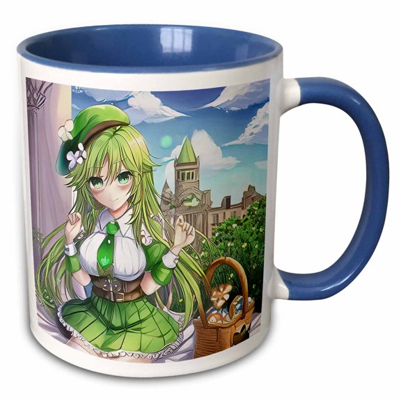 3drose, Irish Elf Girl in the Fantasy City with a Basket of Good Luck Candies, 15oz Two-tone Blue Mug