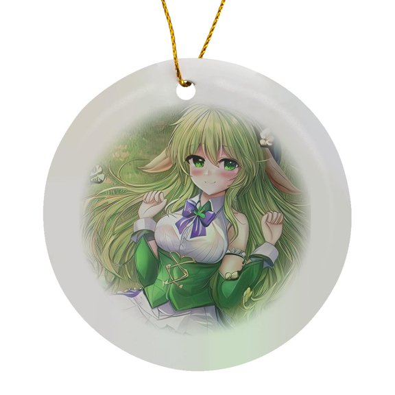 3drose, Irish Elf Girl Lays on the Green Grass. Four Leaf Clover Good Luck, Circle Porcelain Ornament