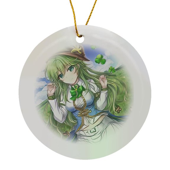 3drose, Irish Elf Girl Looks After Four Leaf Clover on the Spring Meadow, Circle Porcelain Ornament