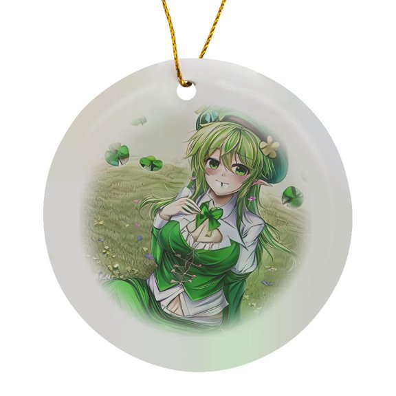 3drose, Irish Elf Girl Sits on the Grass, Four Leaf Clover Around, Funny Gift, Circle Porcelain Ornament