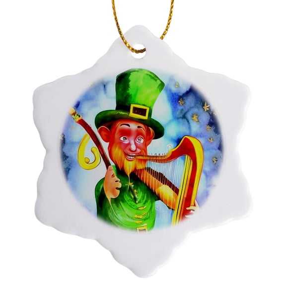 3drose, Irish Elf with Fiddle and Harp, 3 inch Snowflake Porcelain Ornament