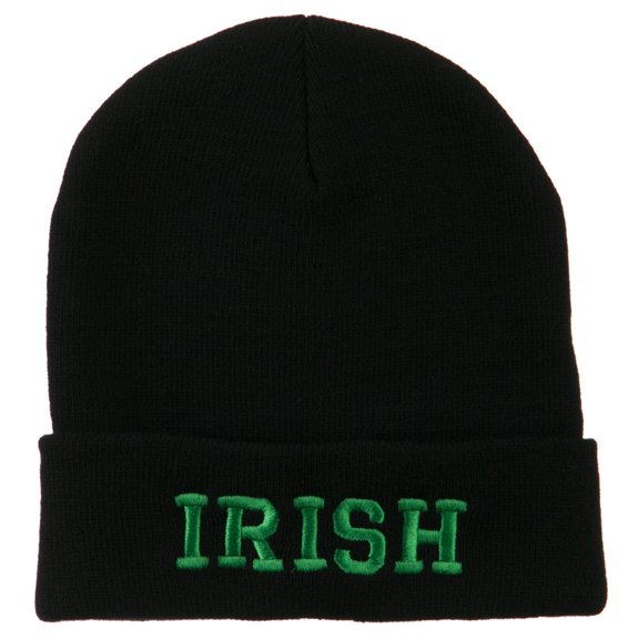 Irish Embroidered Cuff Long Beanie - Black OSFM