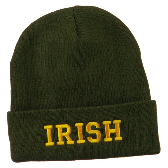 Irish Embroidered Cuff Long Beanie - Olive OSFM