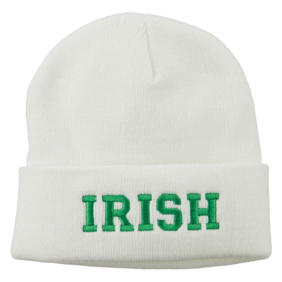 Irish Embroidered Cuff Long Beanie - White OSFM