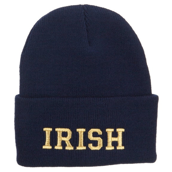 Irish Embroidered Cuff Long Knit Beanie - Navy OSFM