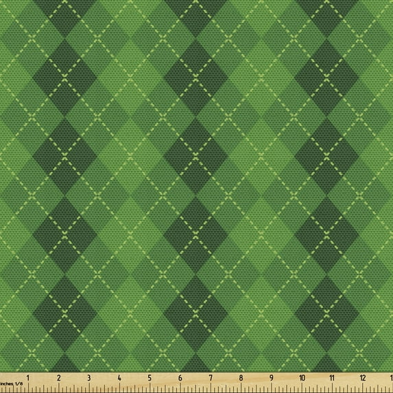 Ambesonne Irish Fabric by the Yard Upholstery, Tartan Inspired Plaid, 2 Yards, Green Dark Green Yellow