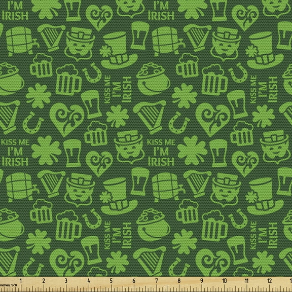 Ambesonne Irish Fabric by the Yard Upholstery, Kiss Me I'm Irish Humor, 3 Yards, Lime Green Green