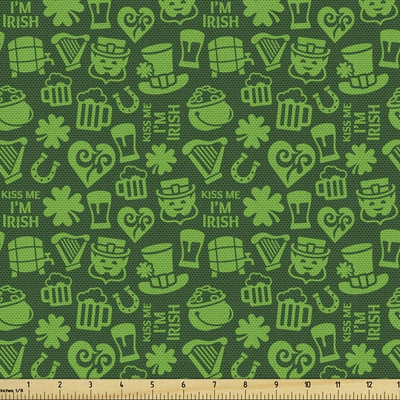 Ambesonne Irish Fabric by the Yard Upholstery, Kiss Me I'm Irish Humor, 3 Yards, Lime Green Green