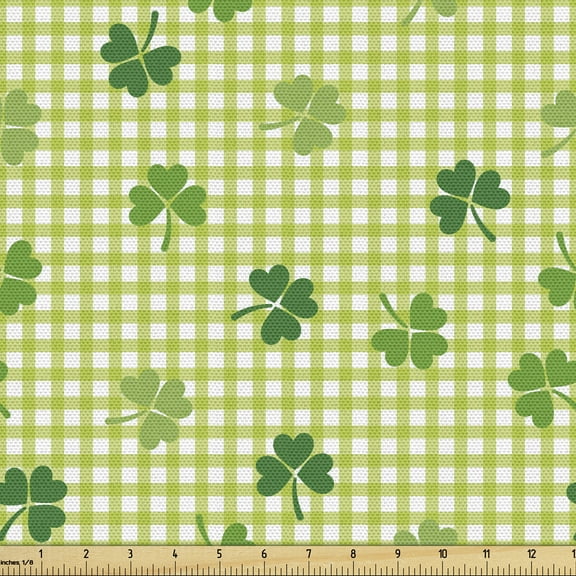 Ambesonne Irish Fabric by the Yard Upholstery, Checkered Retro Shamrocks, 10 Yards, Multicolor