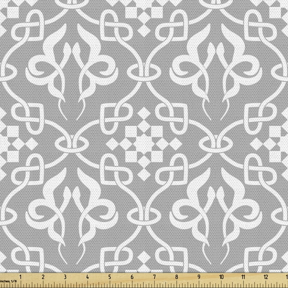 Ambesonne Irish Fabric by the Yard Upholstery, Royal Floral Curves Tile, 1 Yard, Grey and White